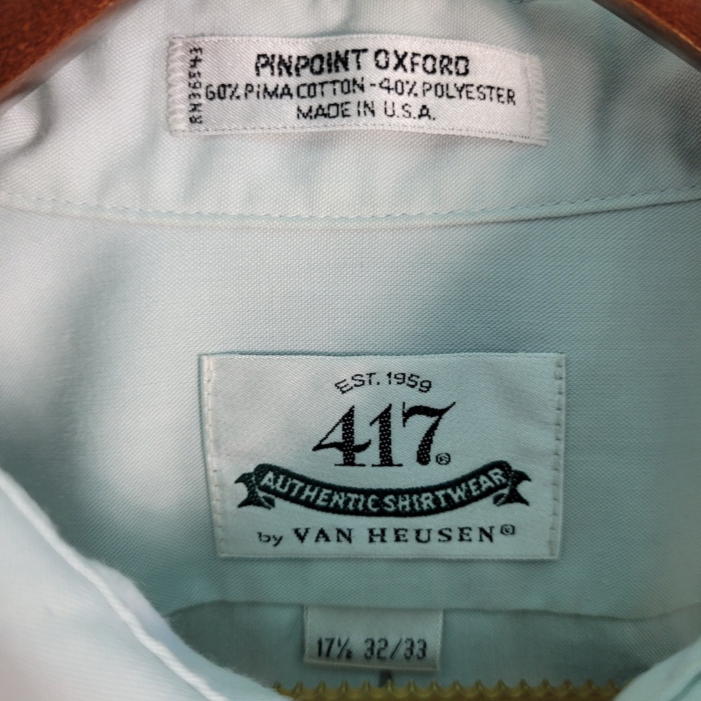 Vintage Van Heusen 417 Shirt Mens 17.5 32/33 Pinpoint Oxford Light Blue MADE USA - Picture 2 of 11